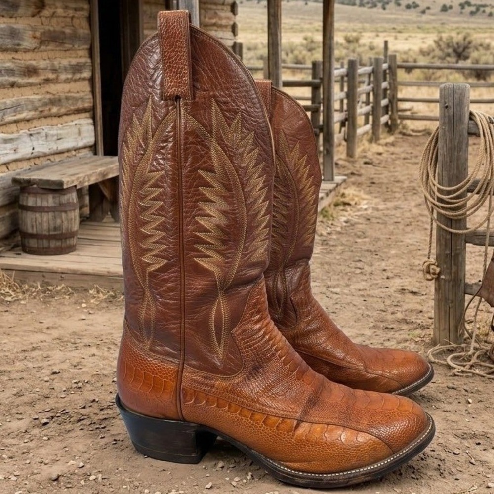 Sanders Mens Ostrich Feet Skin Western Cowboy Boots Brown 12 D 5206 3C